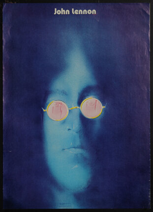 a poster with an elongated (almost surreal) illustration of a man's face (John Lennon) wearing sunglasses