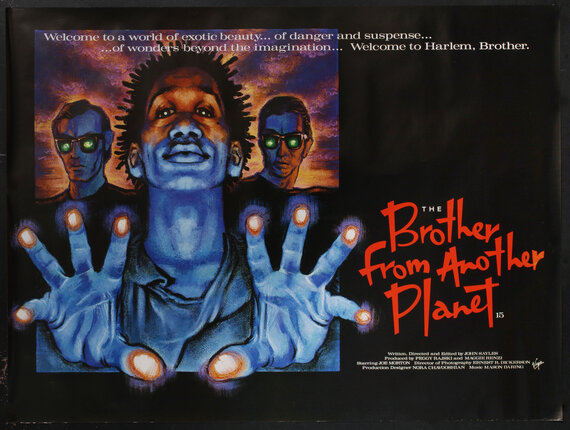 a movie poster with a man holding out his hands and two other men behind him