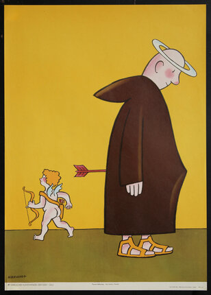 a cartoon illustration of saint/monk with an arrow going through is back and the point creating a bulge in his robe at his crotch with a cupid walking away