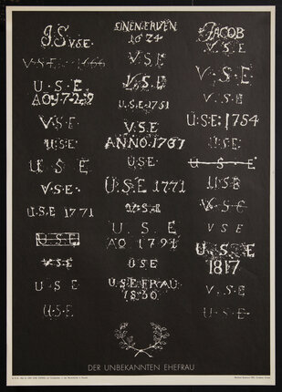 poster with gravestone rubbings with the letters U.S.E repeated over and over again with various dates