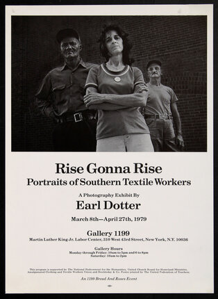 poster with black and white photograph of three people posing defiantly in front of a brick wall: two men (one with his hands on his hips) and a woman with her arms crossed.