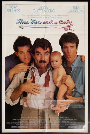 movie poster with three men posing with a naked baby, the baby has peed on the man in the middle.