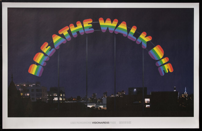 a poster with a view of the NYC nightime skyline and a arc of text above it that reads 