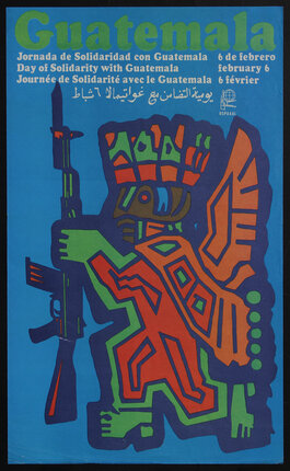 Poster with abstract image of a Mayan winged figure in profile holding a bayonet rifle