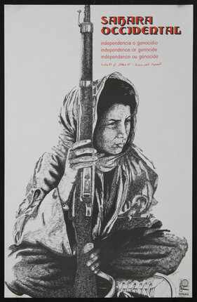 a black and white poster of a woman with a gun