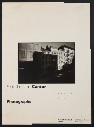 a poster with a black and white photo of urban buildings