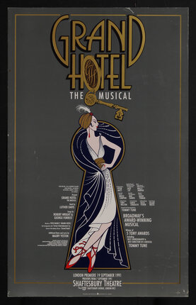 poster with and illustration with an art-deco-styled woman standing a key hole.