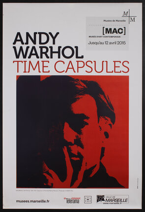 poster with a black and red photo of a man (Andy Wharhol)