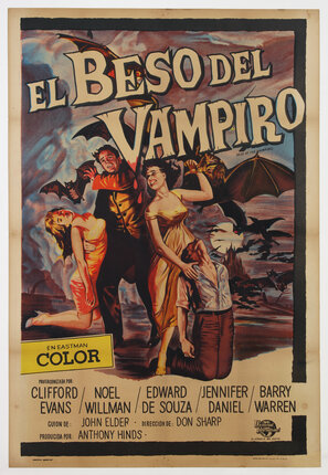 Movie poster of a man and woman protecting a two others who are passed out. They are fighting with flying and biting bats. An ominous castle in the distance.