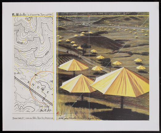 poster with a group of umbrellas in the mountains on the right side and a line-rendered topographical map on the left.