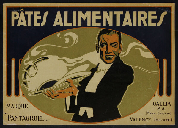 a poster of a server in a tuxedo holding a steaming bowl on a plate that is precariously tilting.