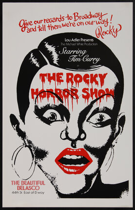 Poster of an illustrated face looking alarmed, with slick side-parted hair, wide eyes, dark liner, red lipstick, thin eyebrows, & big loop earrings.