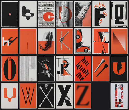 27 poster with letters of the alphabet rendered in red, black, and white.