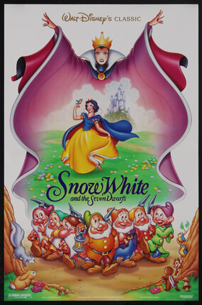 movie poster with a queen raising her arms, a young girl frolicking in a field with a bird, seven dwarfs below, and a castle in the distance