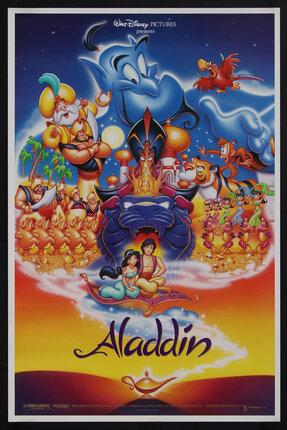 poster with cartoon characters of a prince and princess on a flying carpet with a gold lamp in foreground and many various characters in the background