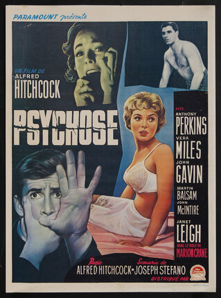 movie poster with a man holding his hand up and a woman sitting in bed