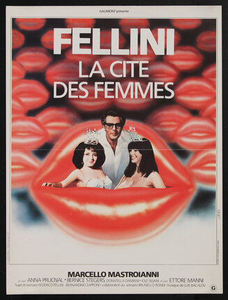 a movie poster of a man and two women inside a woman's lips with more lips in the background