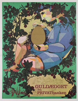 poster with text and an abstract illustration of a person sitting and holding an egg