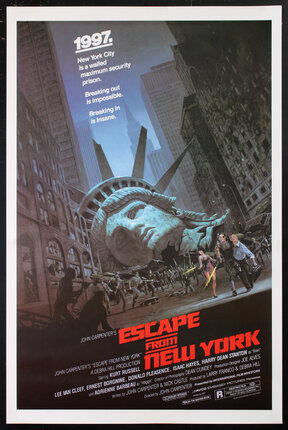 movie poster with the giant head of the Statue of Liberty lying broken in a apocalyptic New York Street with ominous buildings and crowds running