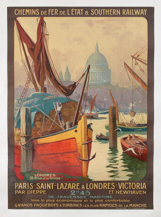 lithographic travel poster with a painting of ships in a port and a cathedral in the distance.