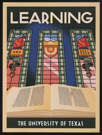 poster with an open book and a stained glass window