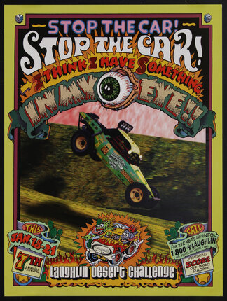 poster with a colorful car with big wheels 