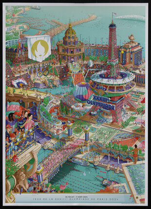 Poster with a cartoon arial view of a city in celebration