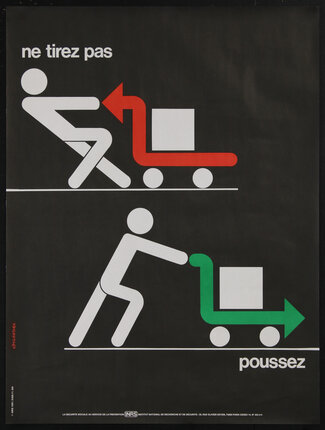 a poster two stick figures: one is pulling a block on a cart and the other is pushing a block on a cart