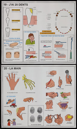 French educational pictorial poster charts with teeth and hands