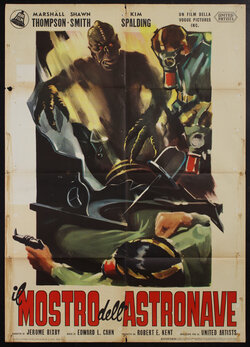 a poster of a monster and people in masks