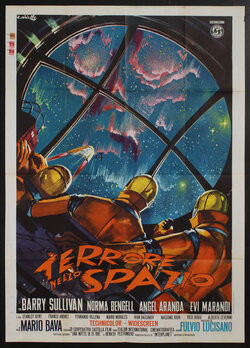 a poster of spacemen looking out of a window