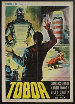 movie poster with a man cowering in front of a towering robot