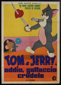 a poster of a cartoon cat holding a gun in one hand and a sword with a heart in the other; and a mouse holding a flower