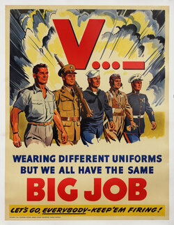 a poster of one man in plain clothes marching in step with four other men wearing various uniforms of the four separate US military branches. 