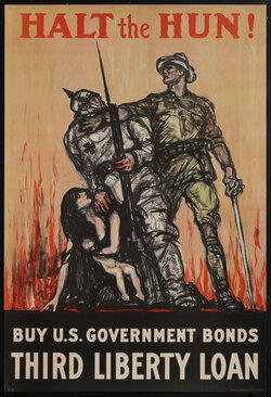 poster with an American soldier halting a German soldier, who is standing over a woman holding a child.