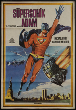 a poster of a superhero flying and a spaceship heading toward the New York City skyline