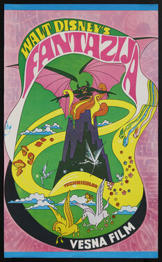 poster with cartoon drawing of a devil over a tower and Pegasus 