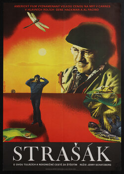 surreal poster of a man standing on a plane with a sun over the horizon and another man looking down smiling and a frog