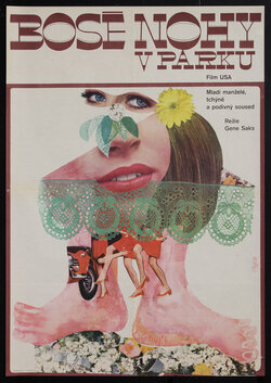 surreal movie poster with a collage of cutouts of various body parts and objects: eyes, mouth, feet, legs, lace and flowers