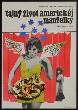 movie poster with a woman with angels wings holding a tray of food, stars above her head and another woman in the background peeking from behind a curtain