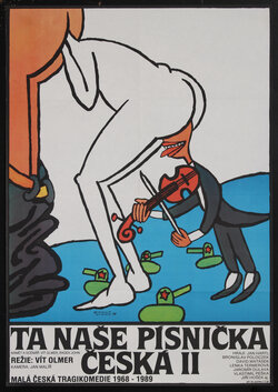 a poster with cartoon drawing of a person playing a violin while his head is up the butt of a larger person, who's head is also up the butt of another person