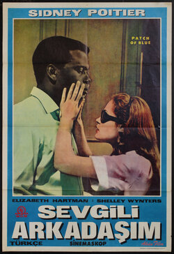 a movie poster of a blind white woman touching the face of a black man