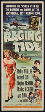 a movie poster with a woman in a red dress adjusting her stocking and several men, a boat, and a bridge