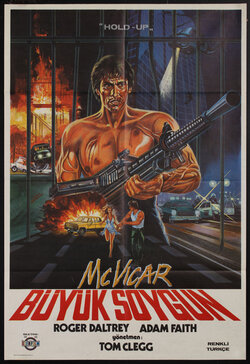 movie poster of a shirtless man in front of bars holding a large automatic rifle and a car exploding and other scenes of chaos