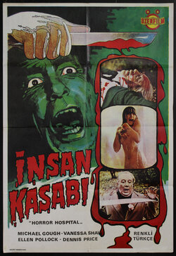 a movie poster with a green man holding a bloody blade and other scenes of horror