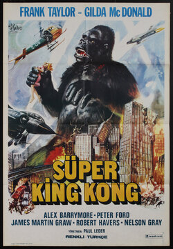 a movie poster of a king kong gorilla towering over a destroyed city and holding a woman