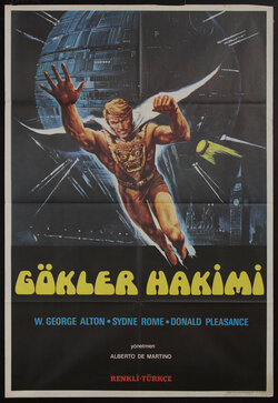 movie poster of a man with a cape flying with a giant orb-shaped space-craft and big ben and the london skyline in the background 