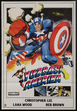 movie poster of a superhero (Captain America) holding out his fist and holding a round shield with a circle and star