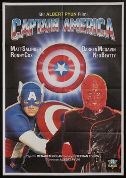 movie poster of a hero and red faced villain (Captain America and the Red Skull) and a round shield with a circle and star