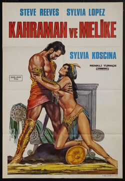 a movie poster of a shirtless peplum muscle man and a scantily clad woman in front of a chaise lounge